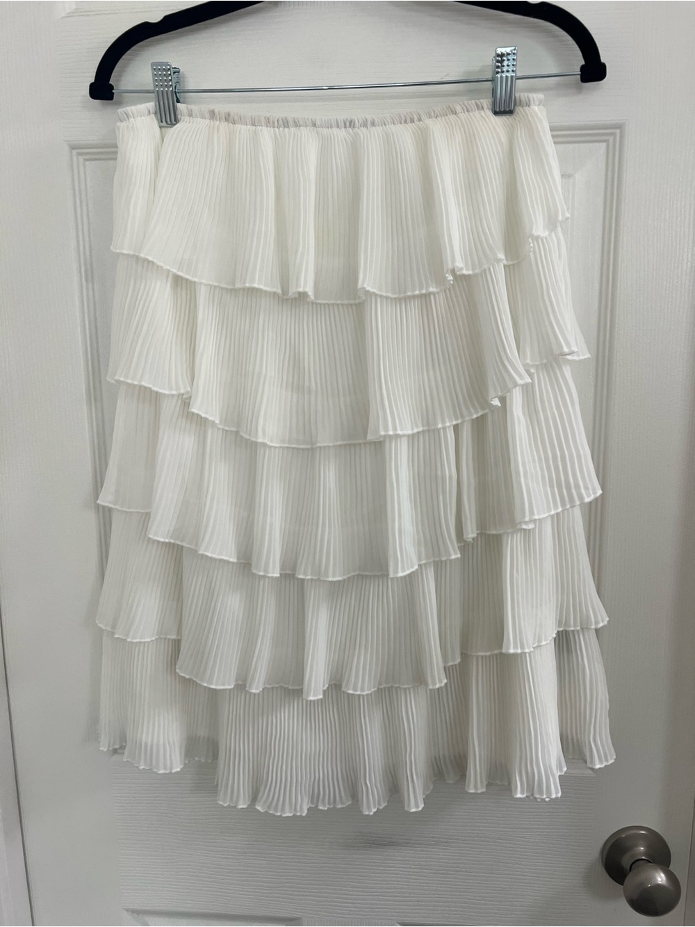 White Pleated Tiered Ruffle Strapless Midi Dress Smocked Tube Bohemian size med